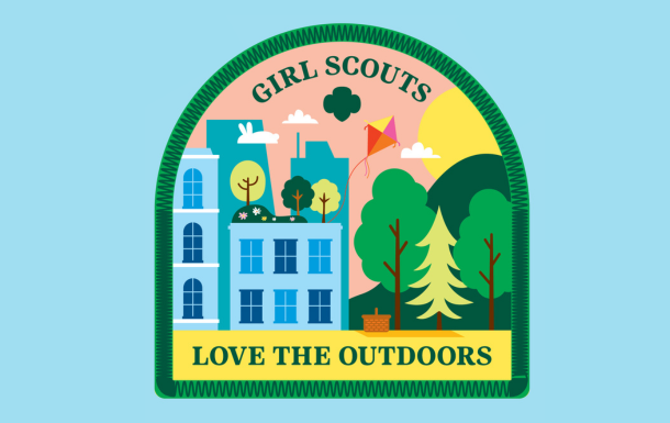 Animated camp ground with a pink tent, trees, and the Girl Scouts Love the Outdoors patch layered on top
